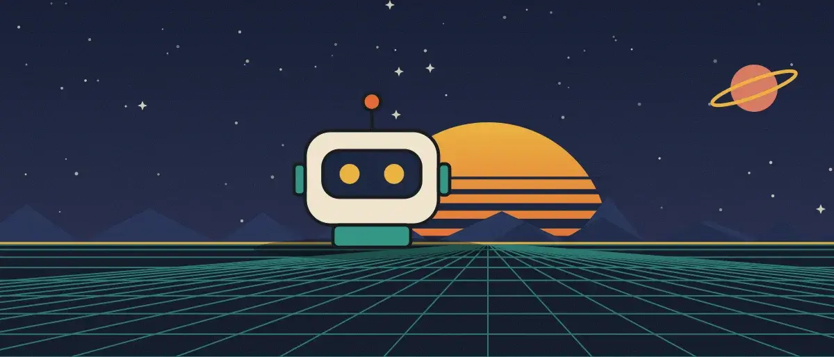 Ilustración retrofuturista: un atardecer a rayas sobre un horizonte de cuadrícula verde azulado bajo un cielo nocturno estrellado, con un robot cuadrado de pie en el horizonte.