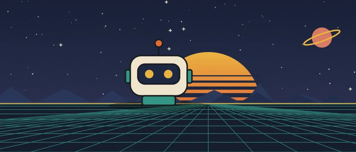 Ilustración retrofuturista: un atardecer a rayas sobre un horizonte de cuadrícula verde azulado bajo un cielo nocturno estrellado, con un robot cuadrado de pie en el horizonte.