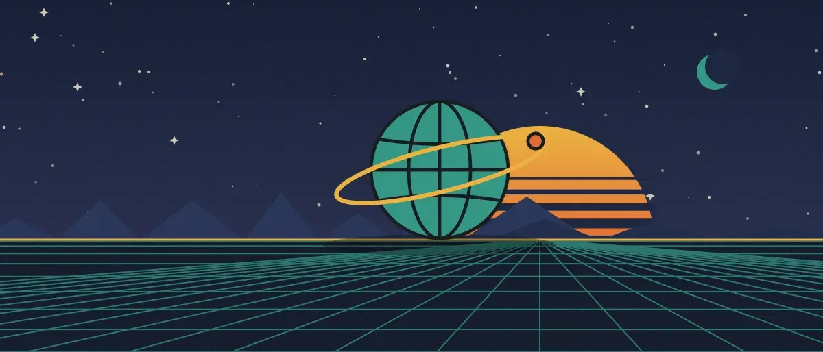Ilustración retrofuturista: un atardecer a rayas sobre un horizonte de cuadrícula verde azulado bajo un cielo nocturno estrellado, con un globo con anillos en el horizonte.