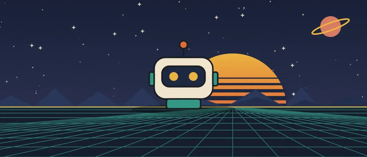 Ilustración retrofuturista: un atardecer a rayas sobre un horizonte de cuadrícula verde azulado bajo un cielo nocturno estrellado, con un robot cuadrado de pie en el horizonte.