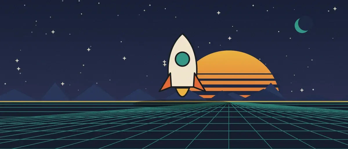 Ilustración retrofuturista: un atardecer a rayas sobre un horizonte de cuadrícula verde azulado bajo un cielo nocturno estrellado, con un cohete de pie en el horizonte.