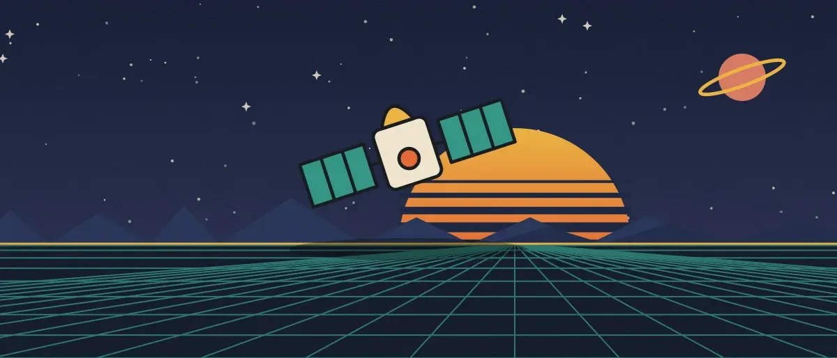 Ilustración retrofuturista: un atardecer a rayas sobre un horizonte de cuadrícula turquesa bajo un cielo nocturno estrellado, con un satélite sobre el horizonte.