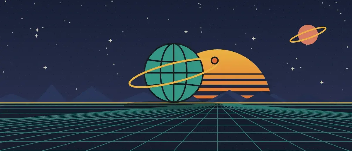 Ilustración retrofuturista: un atardecer a rayas sobre un horizonte de cuadrícula verde azulado bajo un cielo nocturno estrellado, con un globo con anillos en el horizonte.