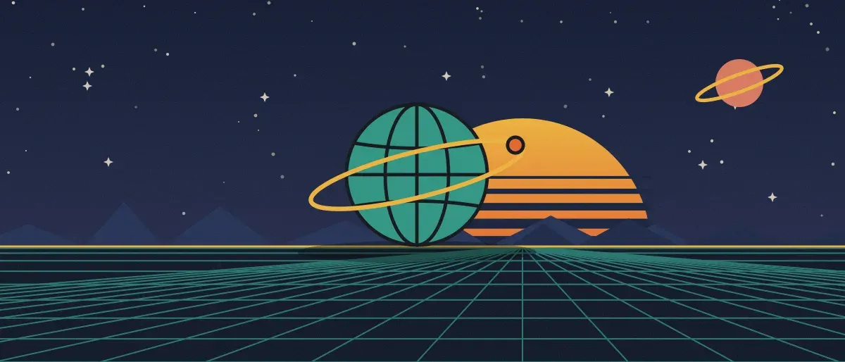 Ilustración retrofuturista: un atardecer a rayas sobre un horizonte de cuadrícula verde azulado bajo un cielo nocturno estrellado, con un globo con anillos en el horizonte.