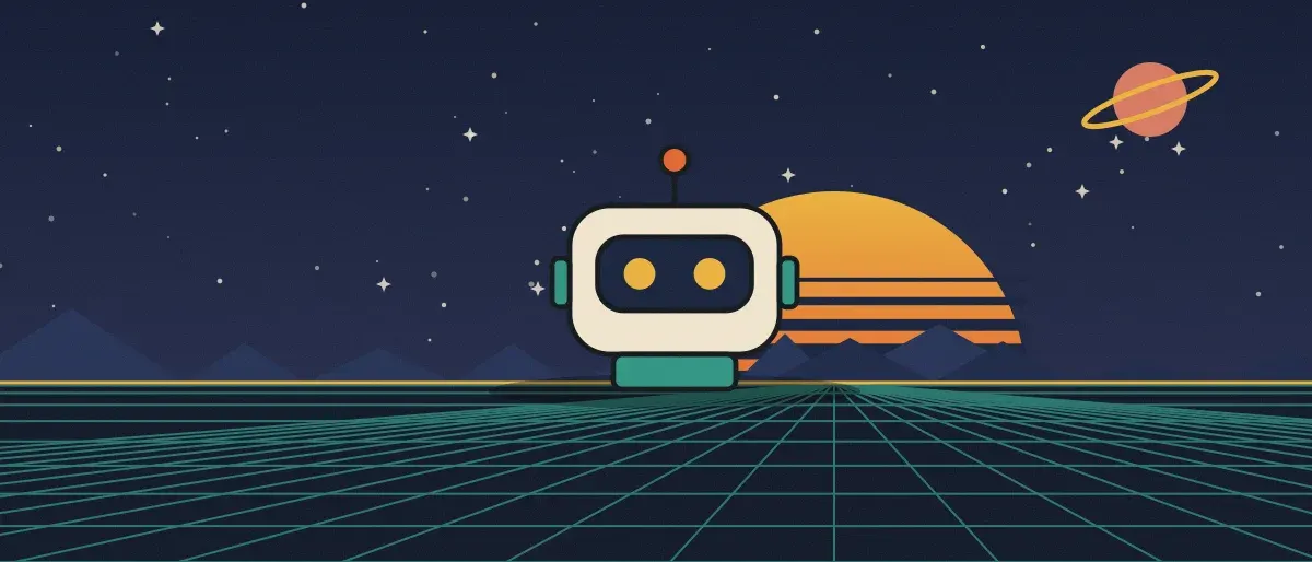 Ilustración retrofuturista: un atardecer a rayas sobre un horizonte de cuadrícula verde azulado bajo un cielo nocturno estrellado, con un robot cuadrado de pie en el horizonte.