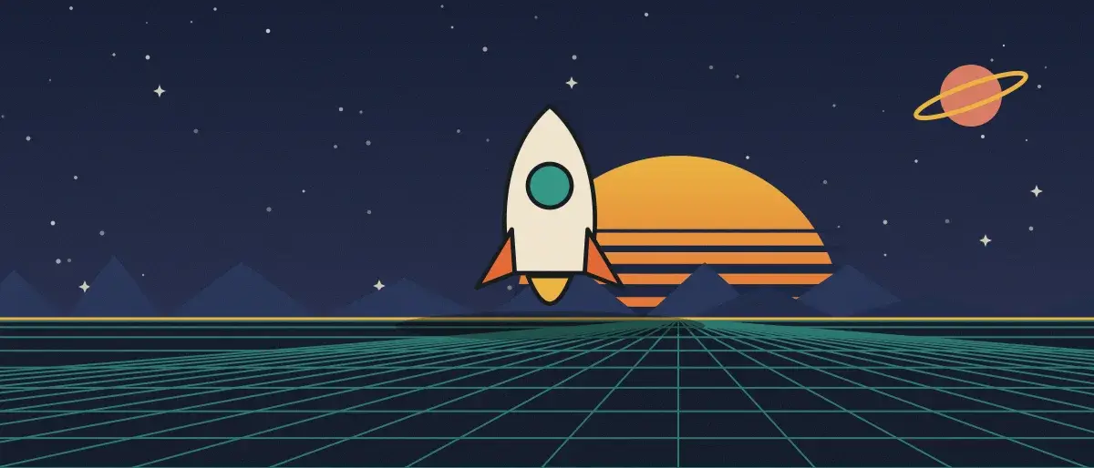 Retro-futurist illustration: a striped sunset over a teal grid horizon under a starry night sky, with a rocket standing on the horizon.