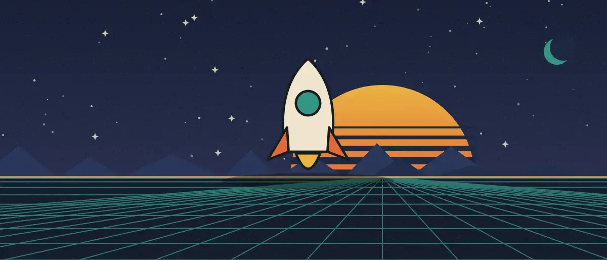 Ilustración retrofuturista: un atardecer a rayas sobre un horizonte de cuadrícula verde azulado bajo un cielo nocturno estrellado, con un cohete de pie en el horizonte.