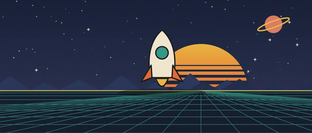 Ilustración retrofuturista: un atardecer a rayas sobre un horizonte de cuadrícula verde azulado bajo un cielo nocturno estrellado, con un cohete de pie en el horizonte.