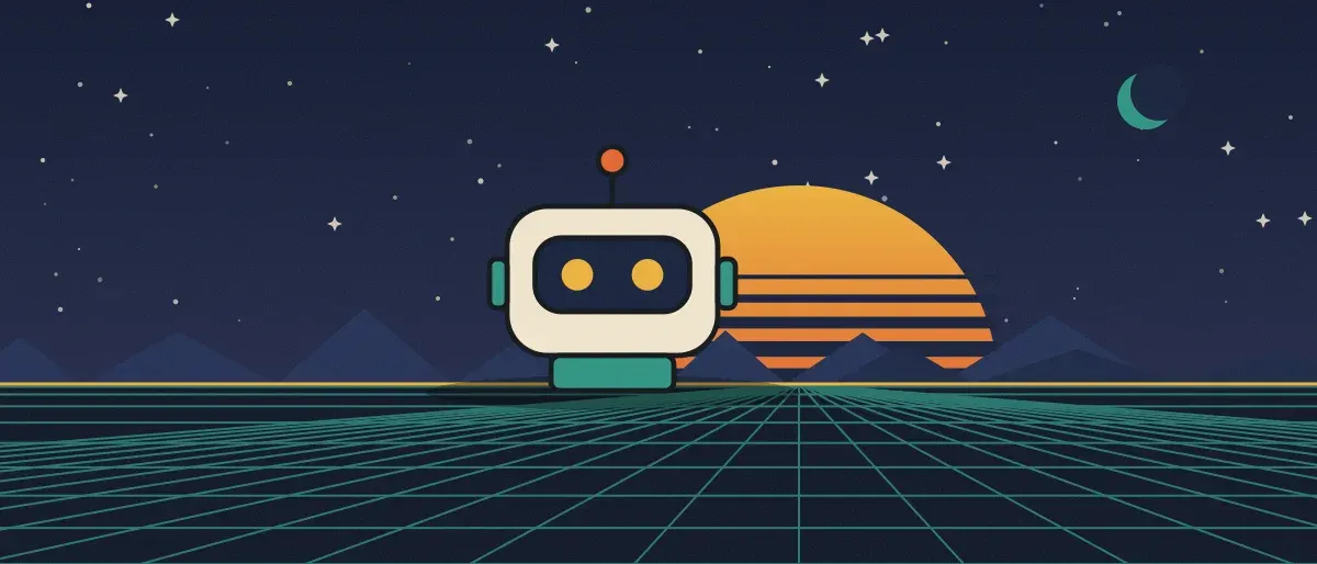 Ilustración retrofuturista: un atardecer a rayas sobre un horizonte de cuadrícula verde azulado bajo un cielo nocturno estrellado, con un robot cuadrado de pie en el horizonte.