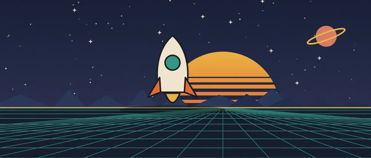 Ilustración retrofuturista: un atardecer a rayas sobre un horizonte de cuadrícula verde azulado bajo un cielo nocturno estrellado, con un cohete de pie en el horizonte.