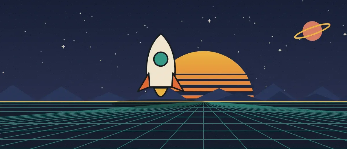 Ilustración retrofuturista: un atardecer a rayas sobre un horizonte de cuadrícula verde azulado bajo un cielo nocturno estrellado, con un cohete de pie en el horizonte.
