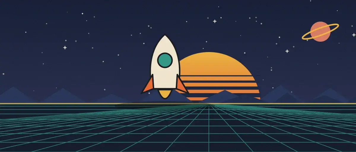Ilustración retrofuturista: un atardecer a rayas sobre un horizonte de cuadrícula verde azulado bajo un cielo nocturno estrellado, con un cohete de pie en el horizonte.