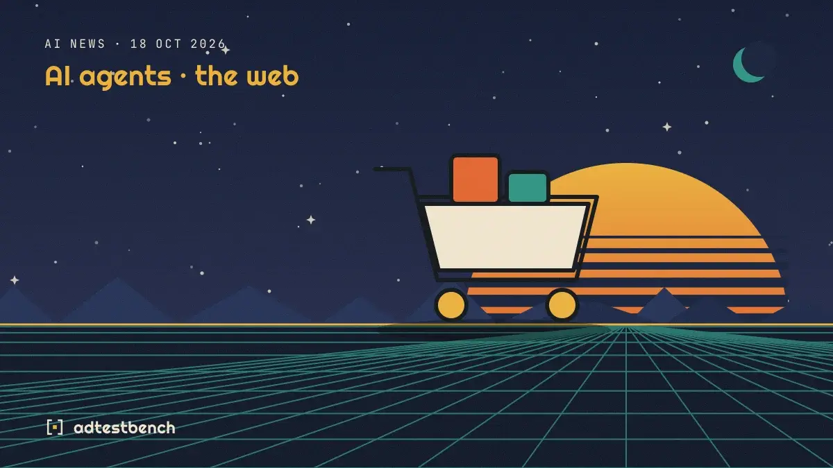 Retro-futurist illustration: a striped sunset over a grid horizon under a starry sky, with a shopping cart motif standing on the horizon.