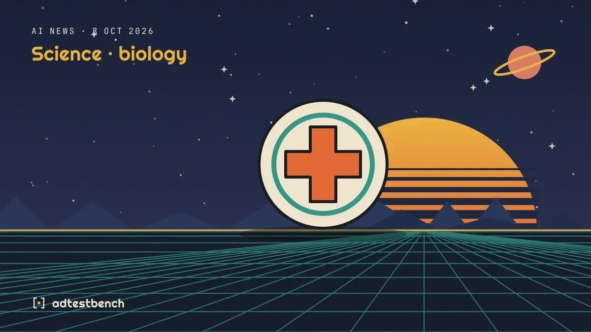 Retro-futurist illustration: a striped sunset over a grid horizon under a starry sky, with a medical cross standing on the horizon.