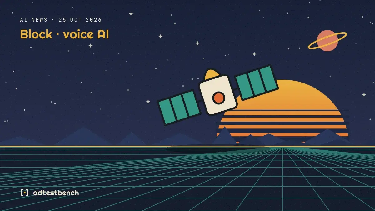 Retro-futurist illustration: a striped sunset over a grid horizon under a starry sky, with a satellite standing on the horizon.