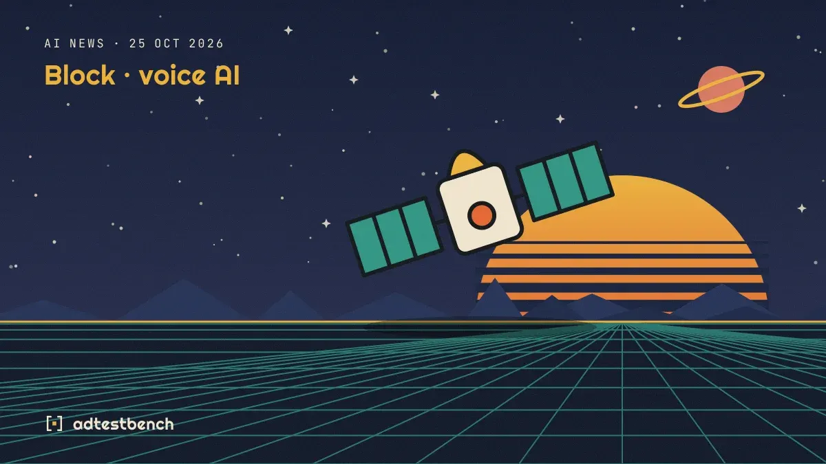 Retro-futurist illustration: a striped sunset over a grid horizon under a starry sky, with a satellite standing on the horizon.