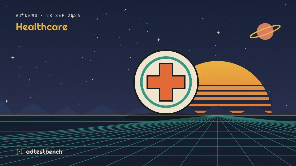 Retro-futurist illustration: a striped sunset over a grid horizon under a starry sky, with a medical cross badge standing on the horizon.