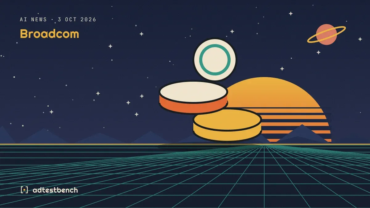 Retro-futurist illustration: a striped sunset over a grid horizon under a starry sky, with a coin standing on the horizon.
