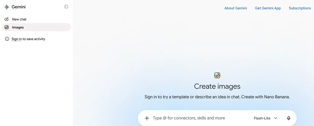 Gemini with Images selected in the sidebar and the Create images screen, which reads Create with Nano Banana, above a prompt box