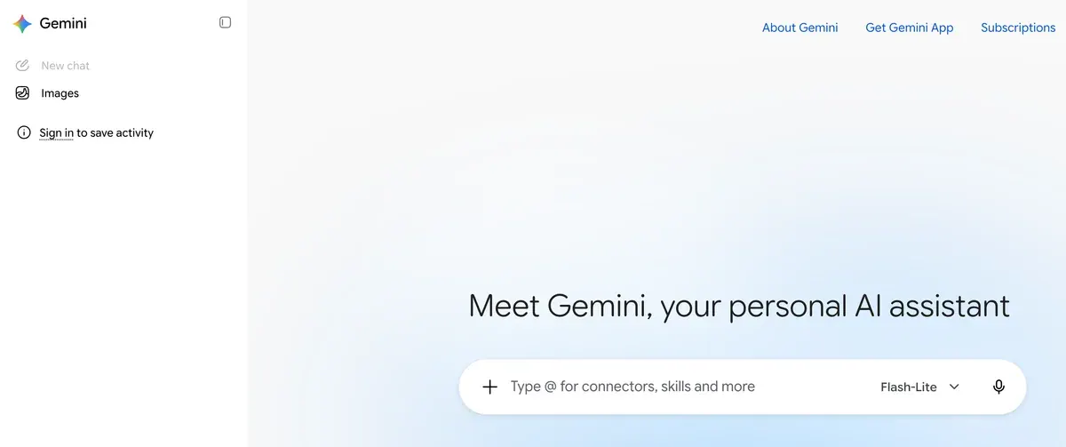 Gemini's new chat screen: a sidebar with New chat and Images, and a prompt box with a plus button for uploads