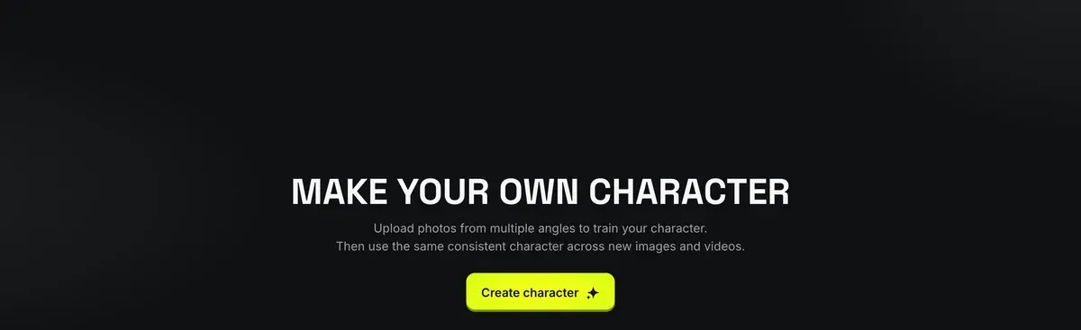 Higgsfield's character page: the headline Make your own character, a line on uploading photos from multiple angles to train a character, and a Create character button