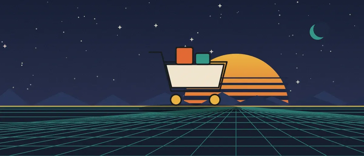 Ilustración retrofuturista: un atardecer a rayas sobre un horizonte de cuadrícula verde azulado bajo un cielo nocturno estrellado, con un carrito de compras en el horizonte.