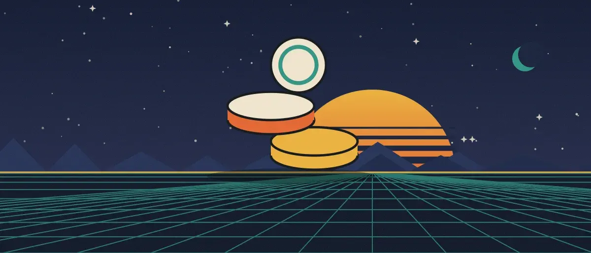 Ilustración retrofuturista: un atardecer a rayas sobre un horizonte de cuadrícula turquesa bajo un cielo nocturno estrellado, con una pila de monedas sobre el horizonte.