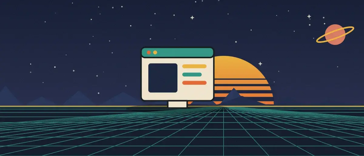Ilustración retrofuturista: un atardecer a rayas sobre un horizonte de cuadrícula verde azulado bajo un cielo nocturno estrellado, con la ventana de una aplicación en el horizonte.