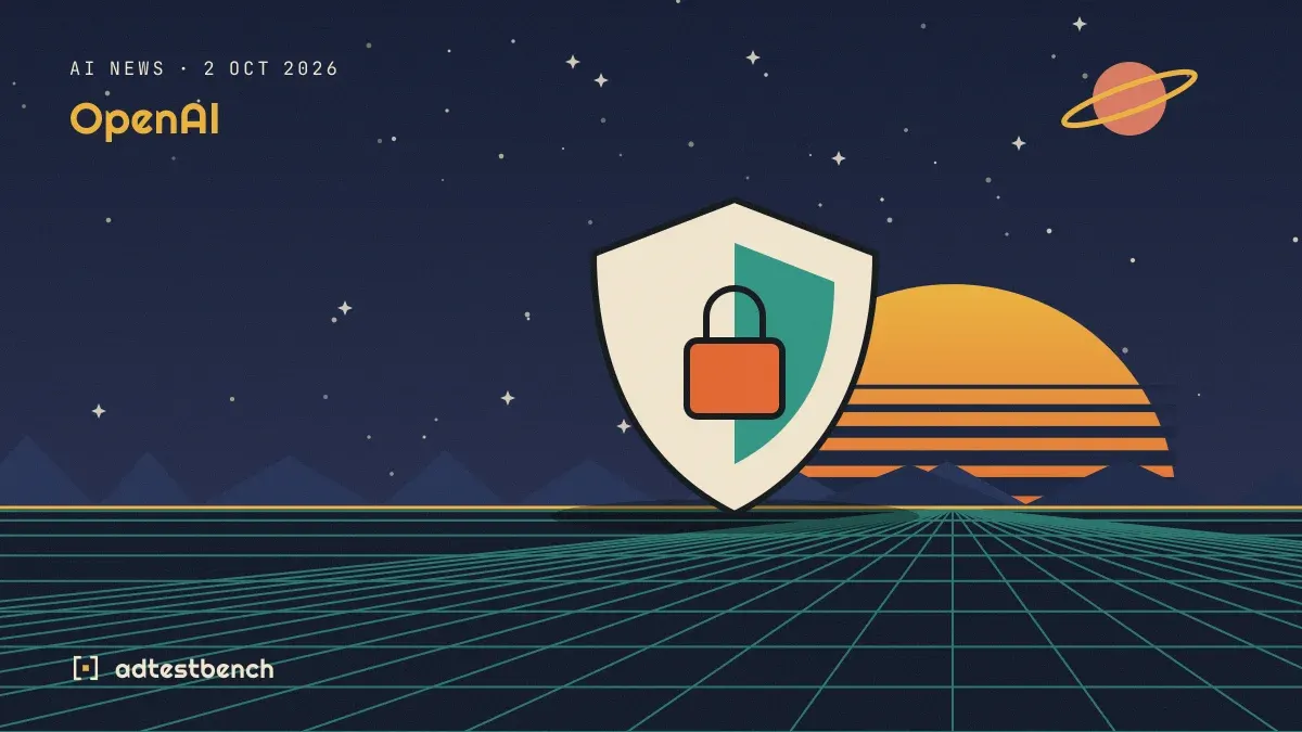 Retro-futurist illustration: a striped sunset over a grid horizon under a starry sky, with a shield standing on the horizon.