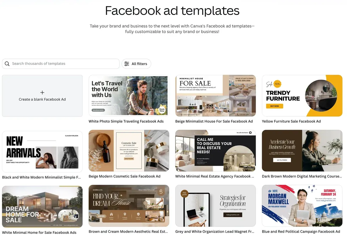 Canva's Facebook ad templates page: a search box and a grid of editable ad templates for travel, real estate, furniture, cosmetics and course offers, with a blank Facebook Ad option