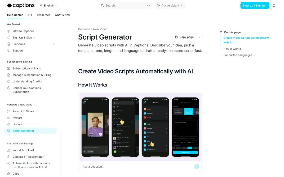 Centro de ayuda de Captions, Script Generator, capturado el 2026-10-15
