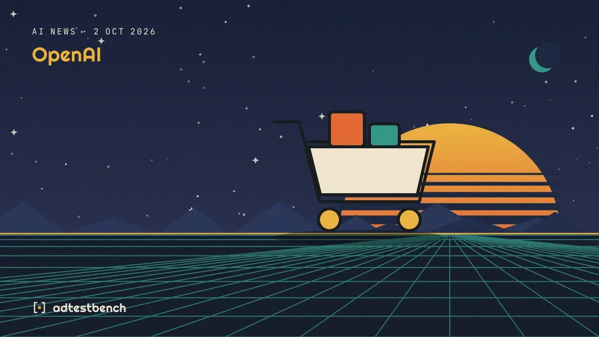 Retro-futurist illustration: a striped sunset over a grid horizon under a starry sky, with a shopping cart standing on the horizon.