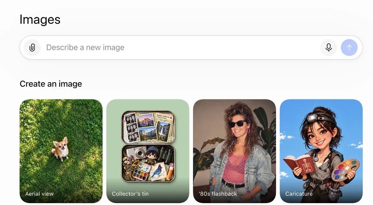 ChatGPT's Images page: a Describe a new image prompt box with attach and voice buttons, and a Create an image row of style presets such as Aerial view, Collector's tin, '80s flashback and Caricature