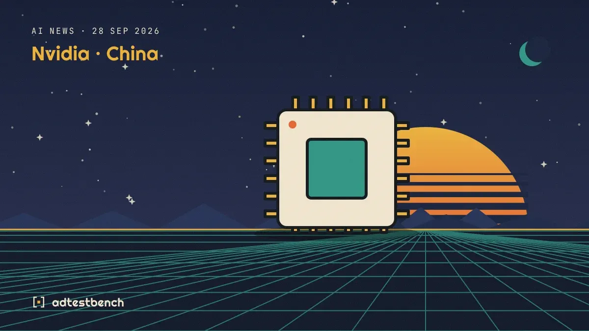Retro-futurist illustration: a striped sunset over a grid horizon under a starry sky, with a microchip standing on the horizon.