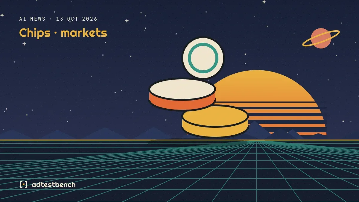Retro-futurist illustration: a striped sunset over a grid horizon under a starry sky, with a coin motif standing on the horizon.