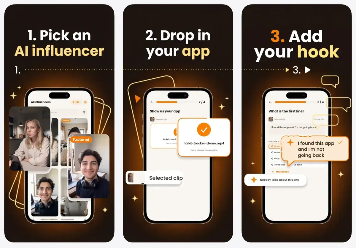 Three App Store screenshots of the ClipUGC iPhone app: 1. Pick an AI influencer from a grid, 2. Drop in your app, with a screen recording named habit-tracker-demo.mp4 selected, 3. Add your hook, with the line I found this app and I'm not going back