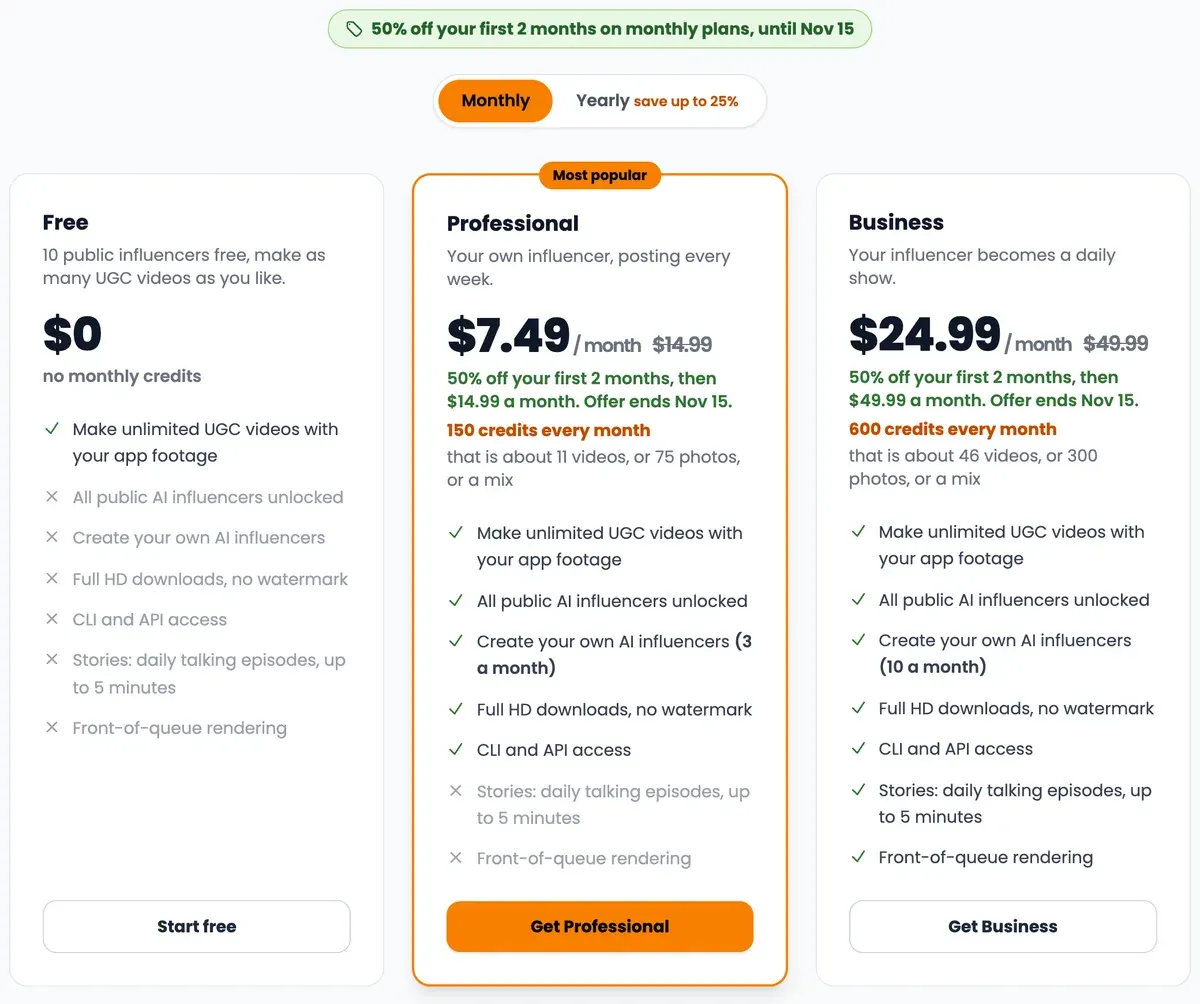 ClipUGC's three plan cards in the monthly view: Free at $0 with no monthly credits, Professional at $7.49 for the first two months then $14.99 with 150 credits, and Business at $24.99 then $49.99 with 600 credits