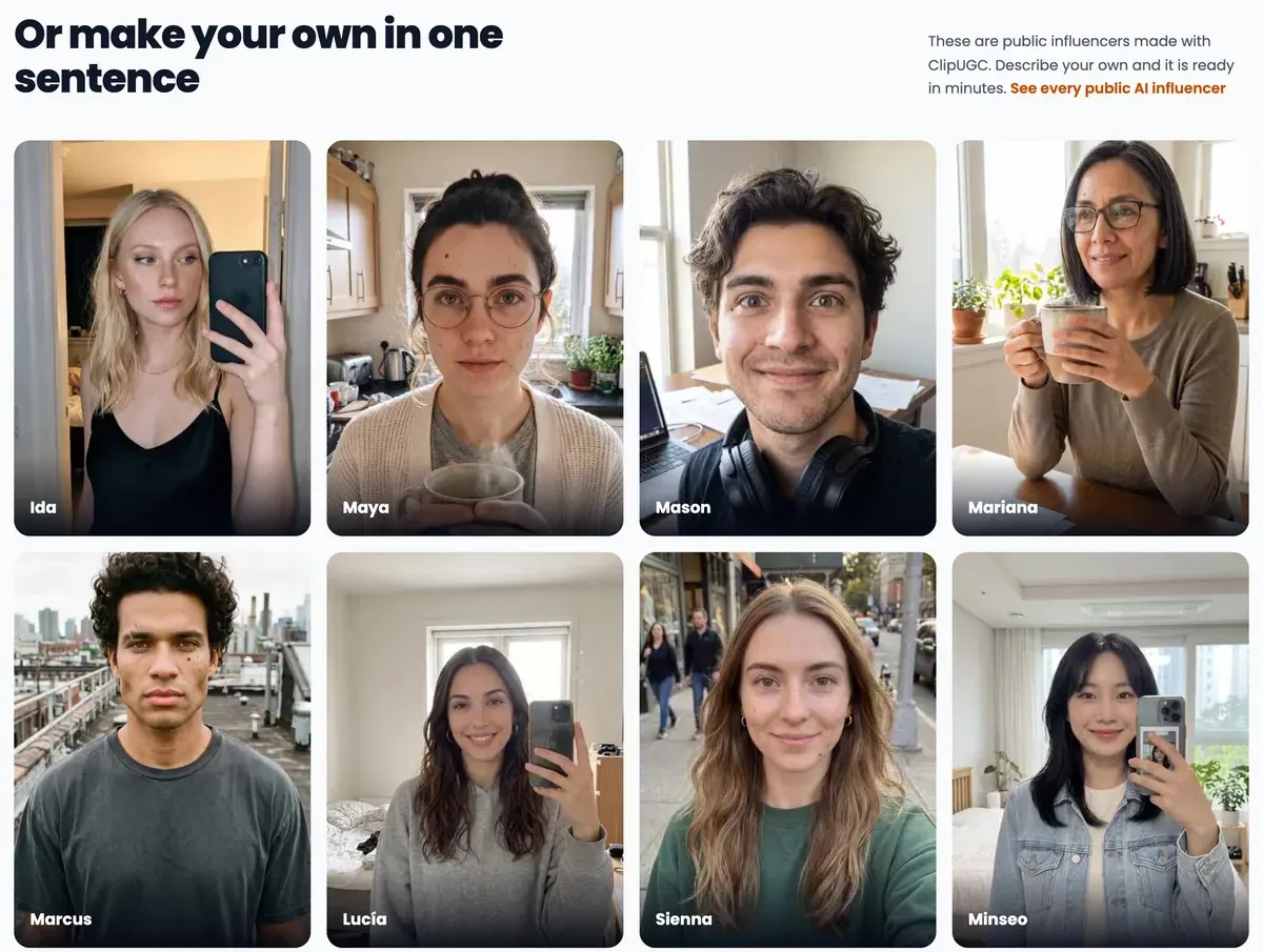 Grid of eight public AI influencers on ClipUGC's homepage, named Ida, Maya, Mason, Mariana, Marcus, Lucia, Sienna and Minseo, each framed as a phone selfie or webcam shot at home or outdoors