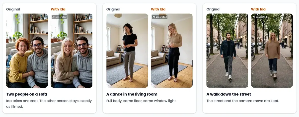 Three before and after pairs on ClipUGC's Put me in page: two people on a sofa, a dance in a living room and a walk down a street, each with the AI influencer Ida swapped in and an AI generated label on the result