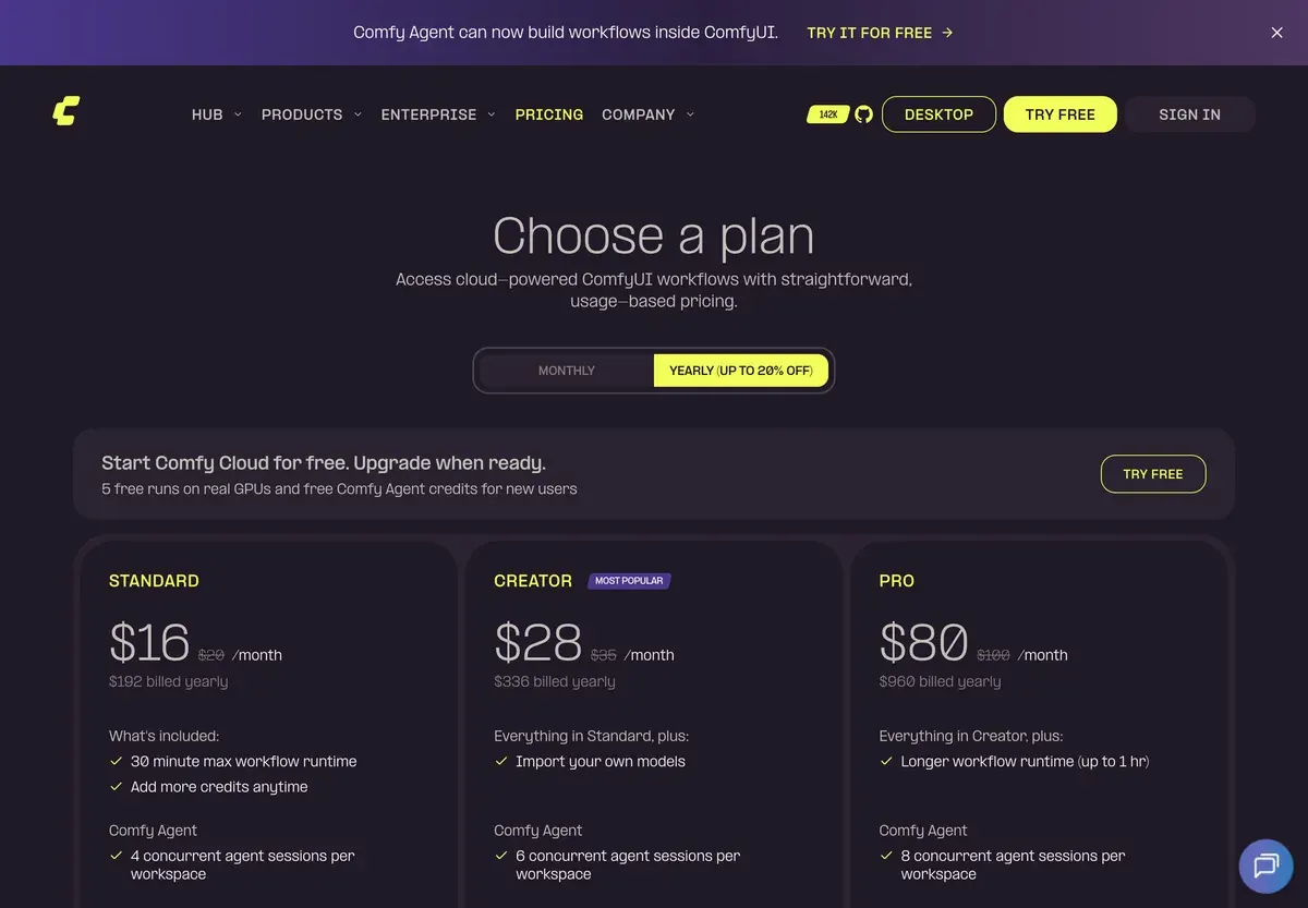 Comfy Cloud pricing page, captured 2026-10-24