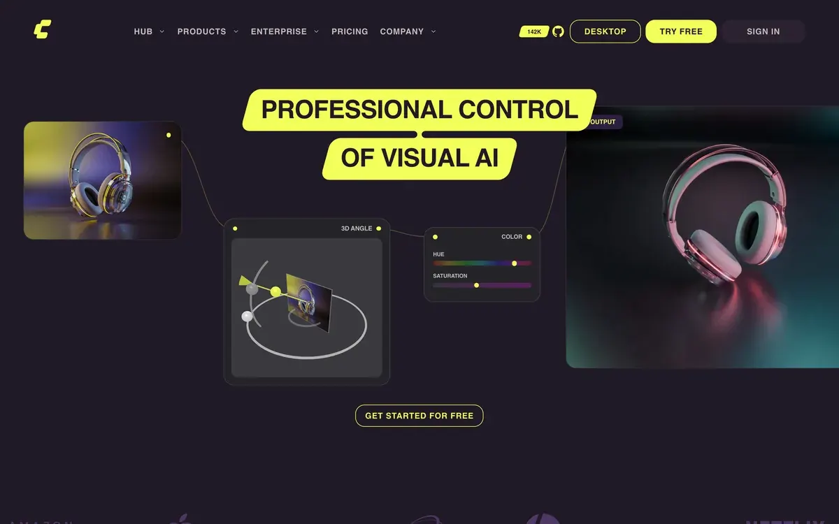 ComfyUI home page: a node graph turns a headphones photo through a 3D angle node and a colour node into a new output image, with Desktop, Try Free and Sign In buttons in the header
