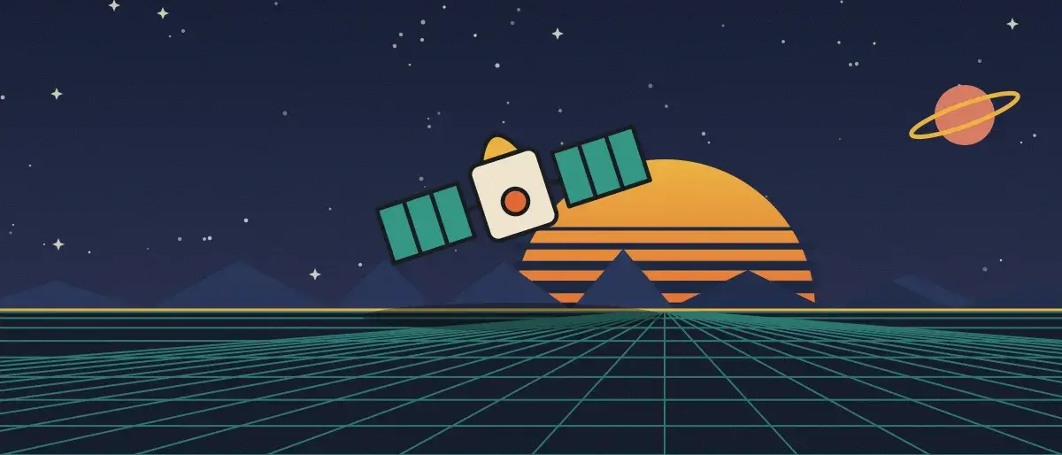 Ilustración retrofuturista: un atardecer a rayas sobre un horizonte de cuadrícula turquesa bajo un cielo nocturno estrellado, con un satélite sobre el horizonte.