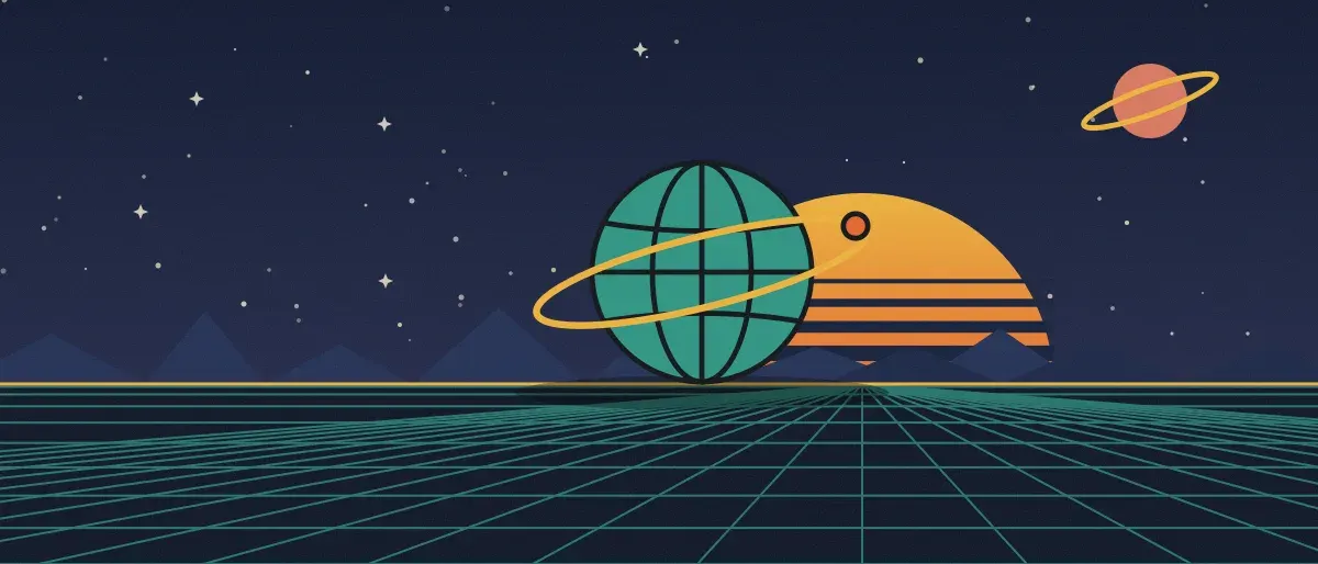 Ilustración retrofuturista: un atardecer a rayas sobre un horizonte de cuadrícula verde azulado bajo un cielo nocturno estrellado, con un globo con anillos en el horizonte.