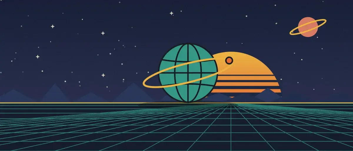 Ilustración retrofuturista: un atardecer a rayas sobre un horizonte de cuadrícula verde azulado bajo un cielo nocturno estrellado, con un globo con anillos en el horizonte.