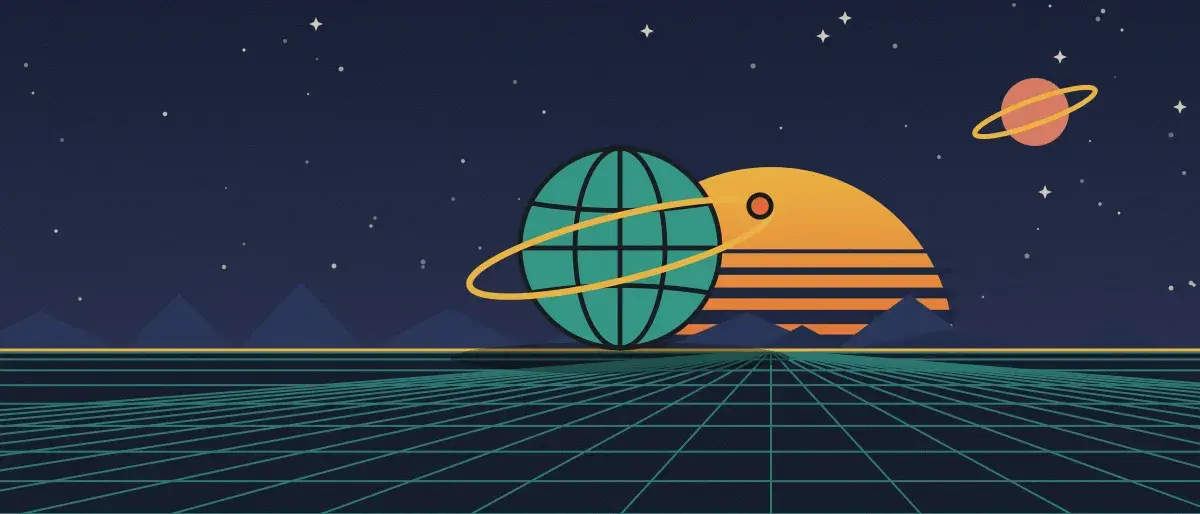 Ilustración retrofuturista: un atardecer a rayas sobre un horizonte de cuadrícula verde azulado bajo un cielo nocturno estrellado, con un globo con anillos en el horizonte.
