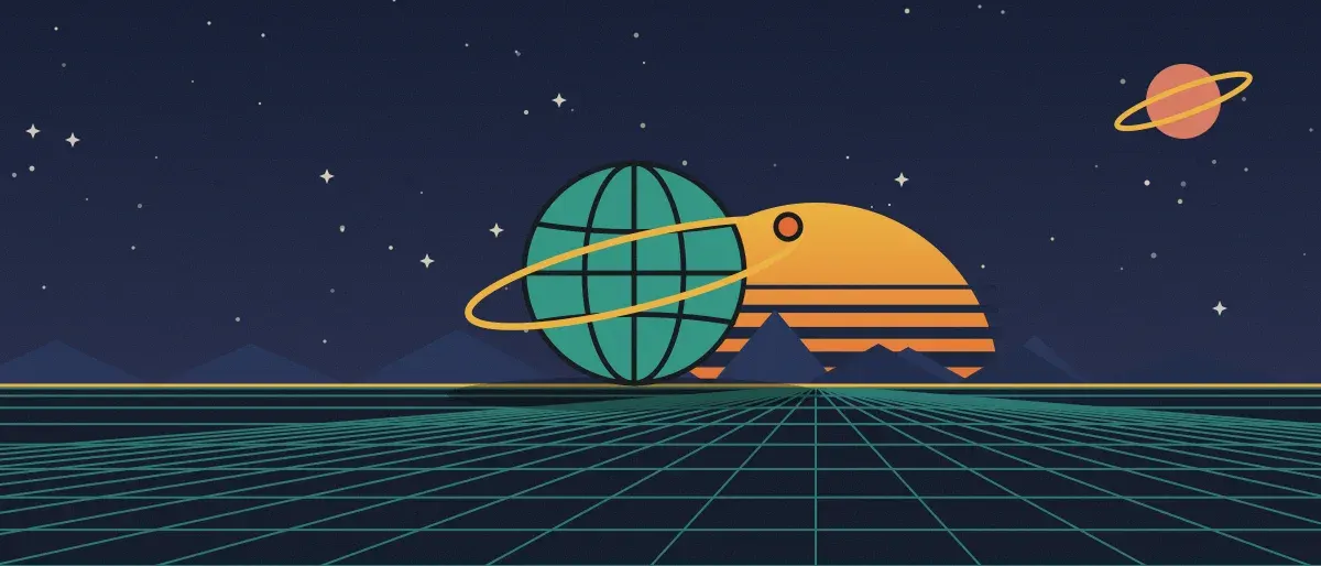 Ilustración retrofuturista: un atardecer a rayas sobre un horizonte de cuadrícula verde azulado bajo un cielo nocturno estrellado, con un globo con anillos en el horizonte.