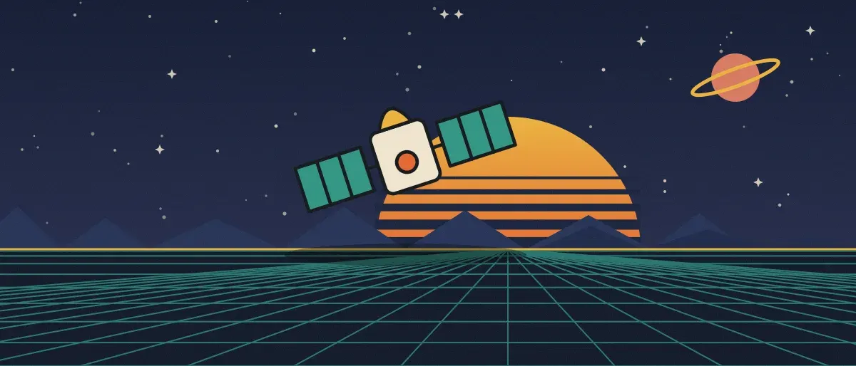 Ilustración retrofuturista: un atardecer a rayas sobre un horizonte de cuadrícula turquesa bajo un cielo nocturno estrellado, con un satélite sobre el horizonte.