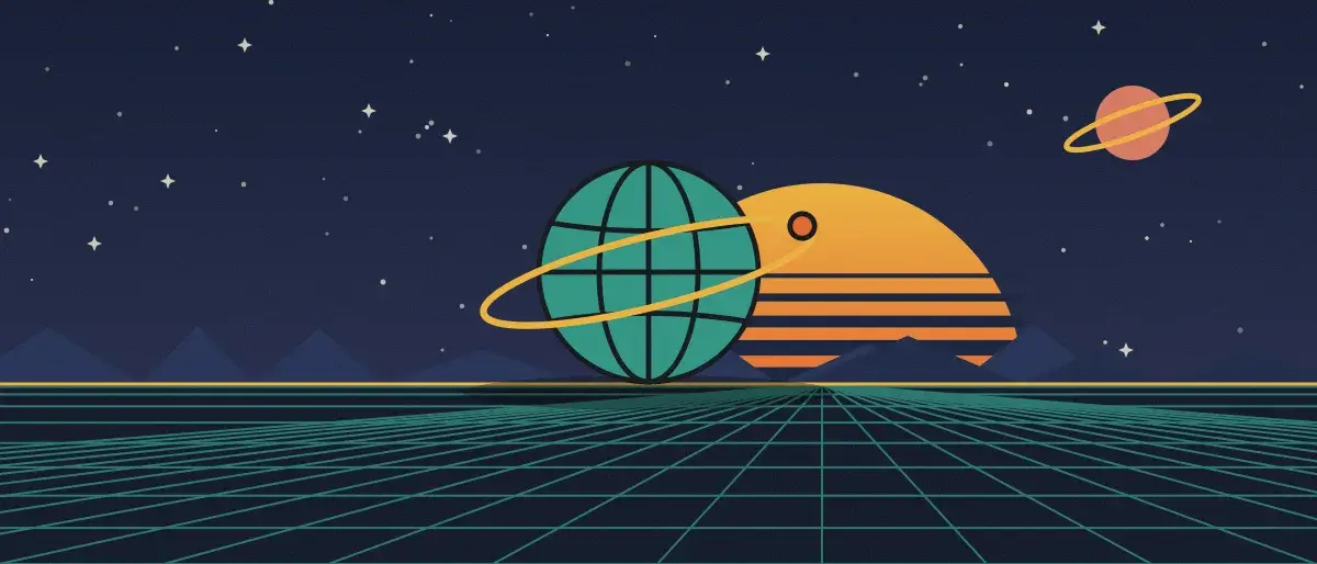 Ilustración retrofuturista: un atardecer a rayas sobre un horizonte de cuadrícula verde azulado bajo un cielo nocturno estrellado, con un globo con anillos en el horizonte.