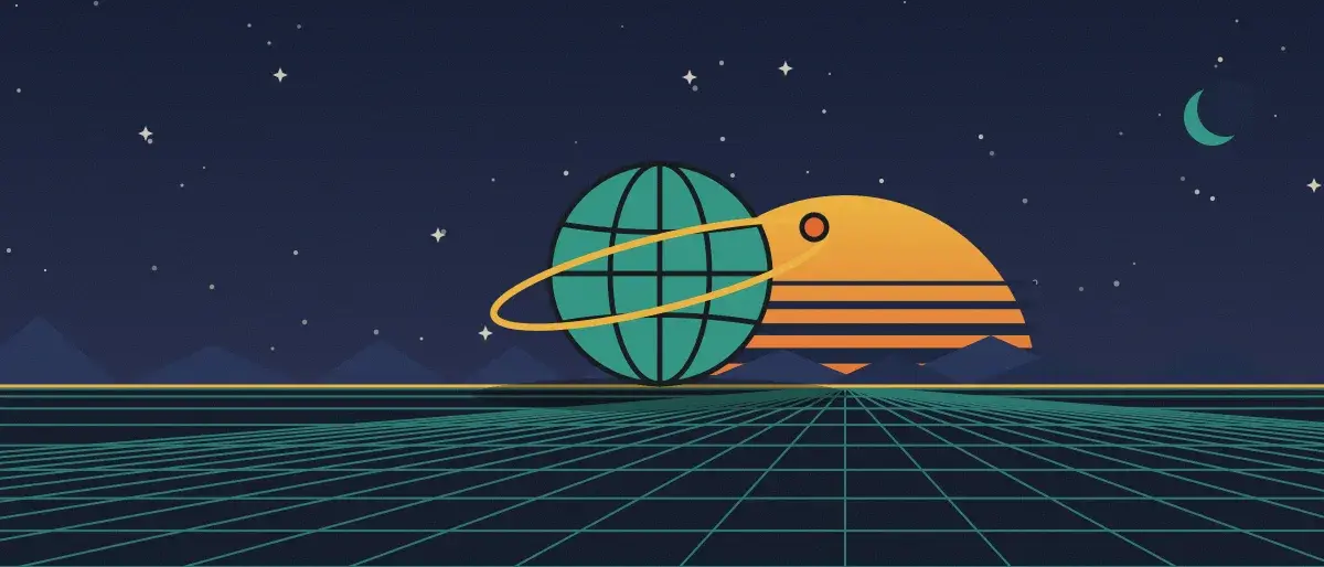 Ilustración retrofuturista: un atardecer a rayas sobre un horizonte de cuadrícula verde azulado bajo un cielo nocturno estrellado, con un globo con anillos en el horizonte.