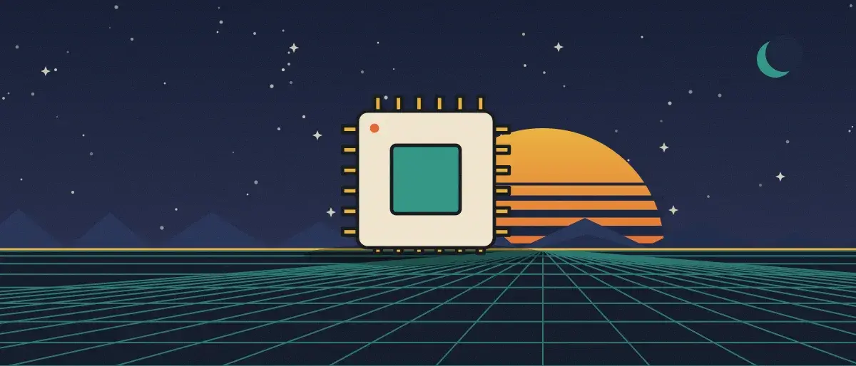 Ilustración retrofuturista: un atardecer a rayas sobre un horizonte de cuadrícula turquesa bajo un cielo nocturno estrellado, con un microchip sobre el horizonte.